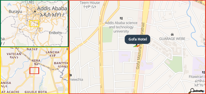 Map showing the address of Gofa Hotel in three different zoom levels.