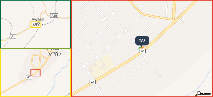 Map showing the address of TAF in three different zoom levels.