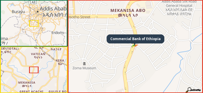 Map showing the address of Commercial Bank of Ethiopia in three different zoom levels.