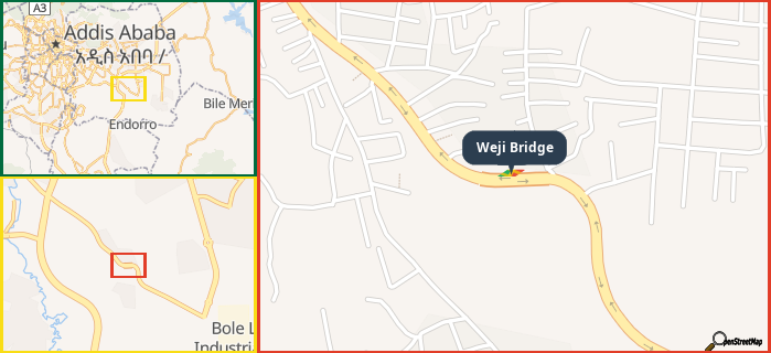 Map showing the address of Weji Bridge in three different zoom levels.