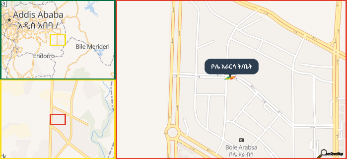 Map showing the address of ቦሌ አራርሳ ት/ቤት in three different zoom levels.