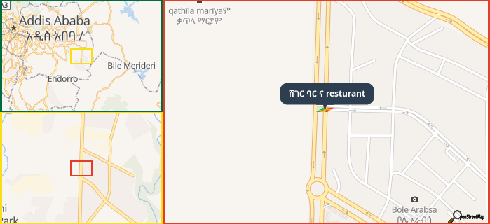 Map showing the address of ሸገር ባር ና resturant in three different zoom levels.