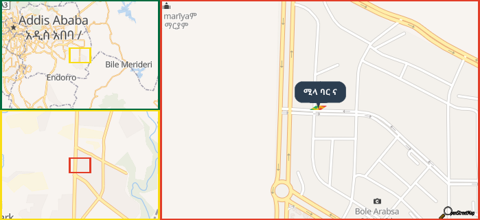 Map showing the address of ሚላ ባር ና in three different zoom levels.