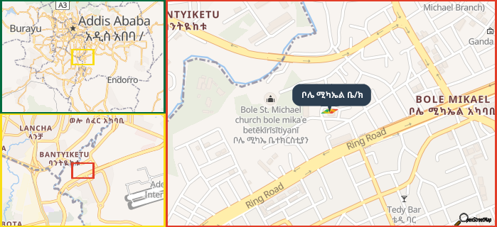 Map showing the address of ቦሌ ሚካኤል ቤ/ክ in three different zoom levels.