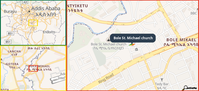 Map showing the address of Bole St. Michael church in three different zoom levels.