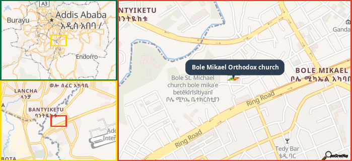 Map showing the address of Bole Mikael Orthodox church in three different zoom levels.