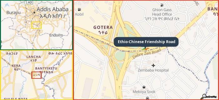Map showing the address of Ethio-Chinese Friendship Road in three different zoom levels.