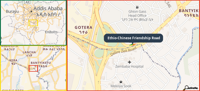 Map showing the address of Ethio-Chinese Friendship Road in three different zoom levels.