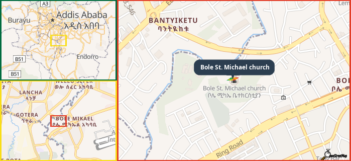 Map showing the address of Bole St. Michael church in three different zoom levels.