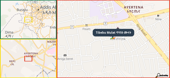 Map showing the address of Tibebu Mulat ጥበቡ ሙላት in three different zoom levels.