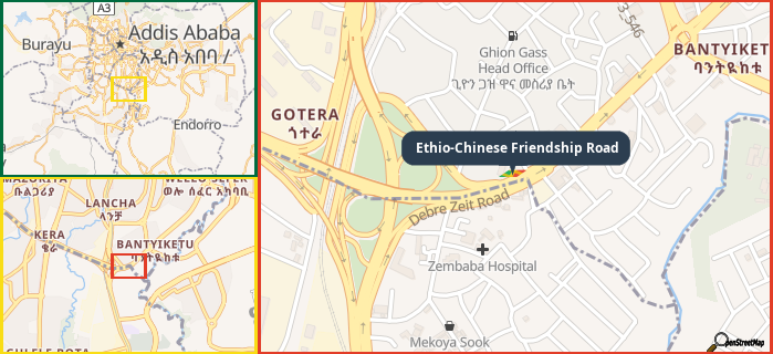 Map showing the address of Ethio-Chinese Friendship Road in three different zoom levels.