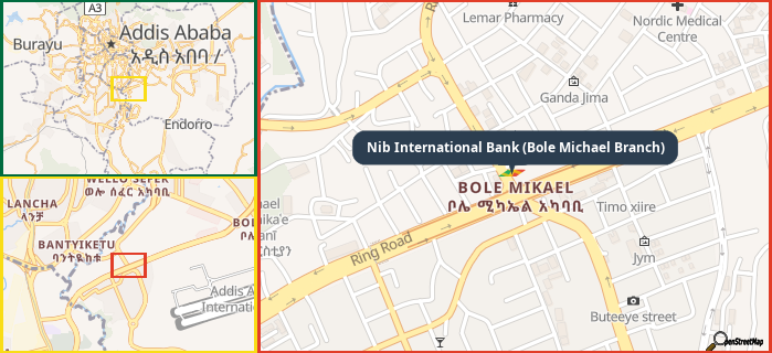 Map showing the address of Nib International Bank (Bole Michael Branch) in three different zoom levels.