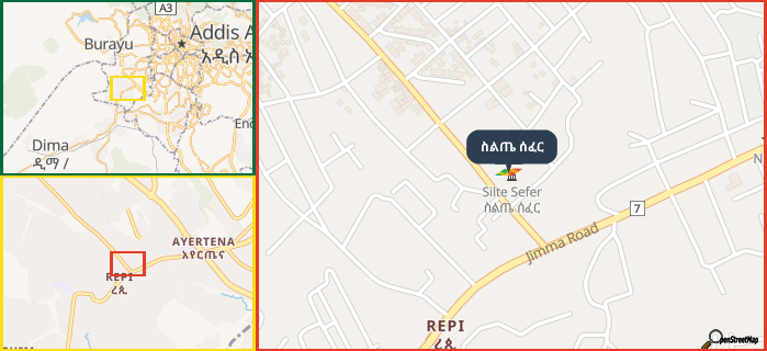 Map showing the address of ስልጤ ሰፈር in three different zoom levels.