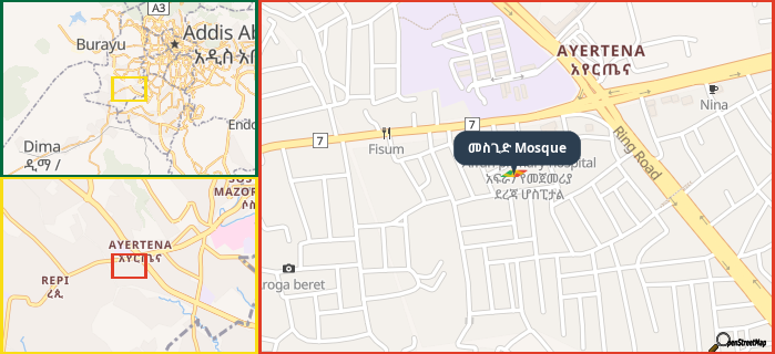 Map showing the address of መስጊድ Mosque in three different zoom levels.