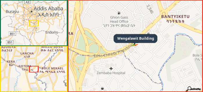 Map showing the address of Wengalawit Building in three different zoom levels.