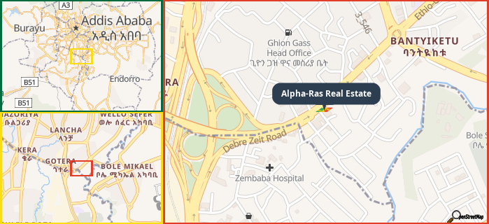 Map showing the address of Alpha-Ras Real Estate in three different zoom levels.
