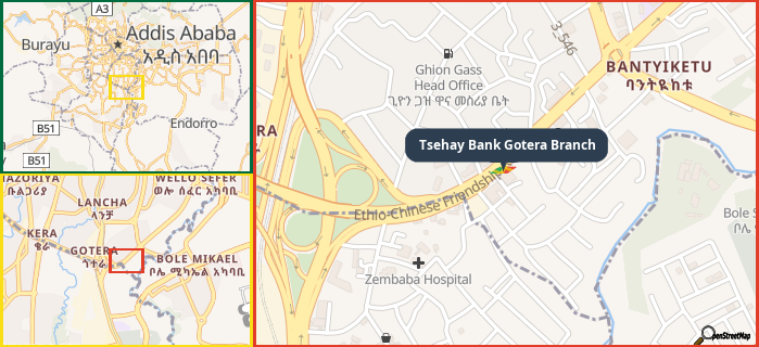 Map showing the address of Tsehay Bank Gotera Branch in three different zoom levels.