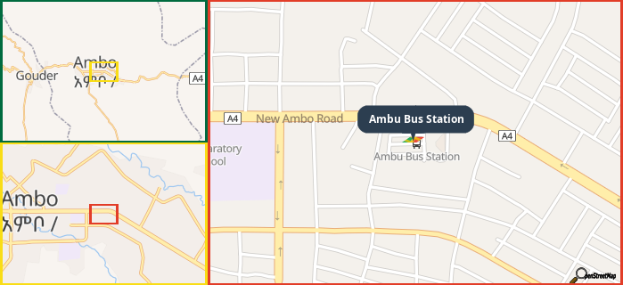 Map showing the address of Ambu Bus Station in three different zoom levels.