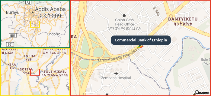 Map showing the address of Commercial Bank of Ethiopia in three different zoom levels.