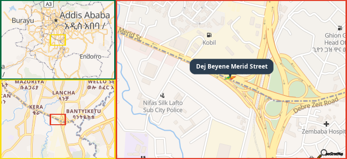 Map showing the address of Dej Beyene Merid Street in three different zoom levels.