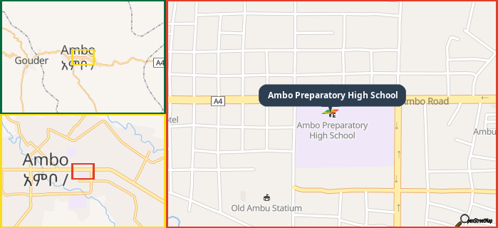 Map showing the address of Ambo Preparatory High School in three different zoom levels.