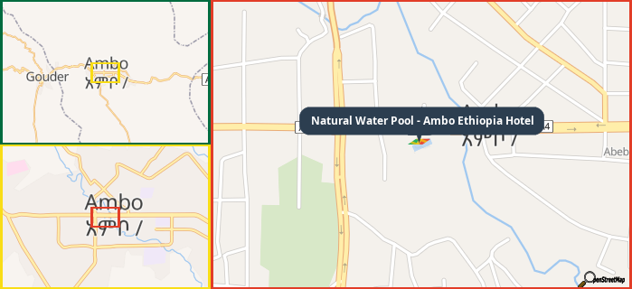 Map showing the address of Natural Water Pool - Ambo Ethiopia Hotel in three different zoom levels.