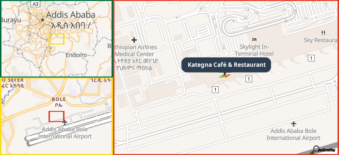 Map showing the address of Kategna Café & Restaurant in three different zoom levels.