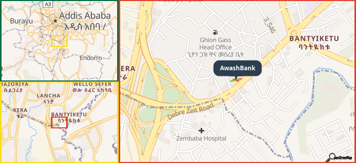 Map showing the address of AwashBank in three different zoom levels.