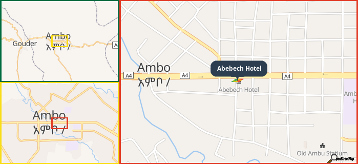 Map showing the address of Abebech Hotel in three different zoom levels.