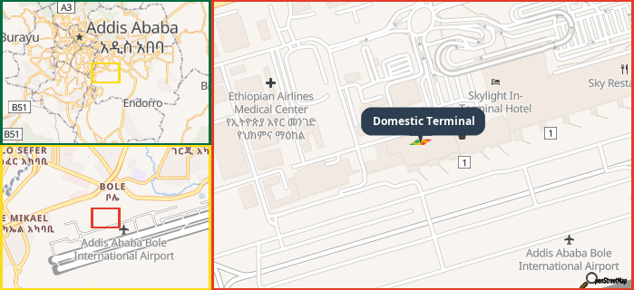 Map showing the address of Domestic Terminal in three different zoom levels.