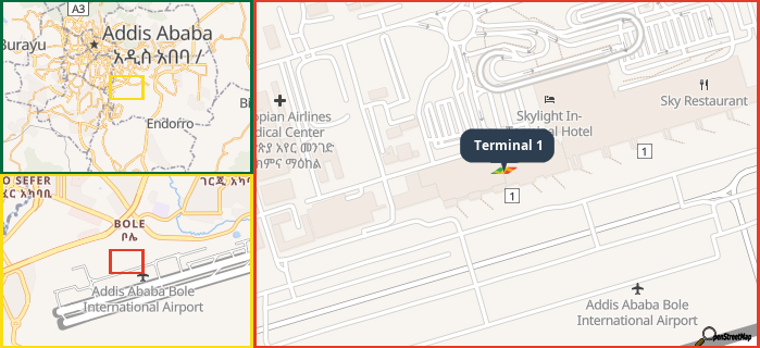 Map showing the address of Terminal 1 in three different zoom levels.