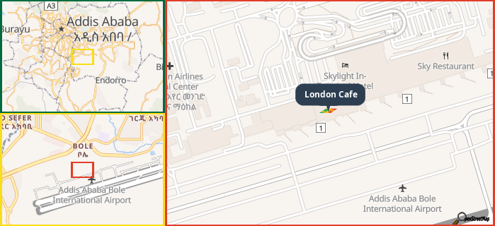 Map showing the address of London Cafe in three different zoom levels.