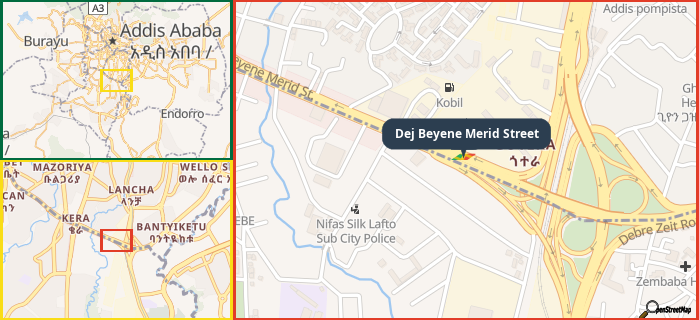 Map showing the address of Dej Beyene Merid Street in three different zoom levels.