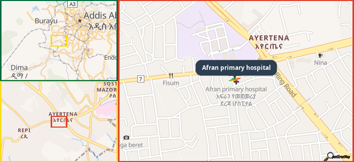 Map showing the address of Afran primary hospital in three different zoom levels.