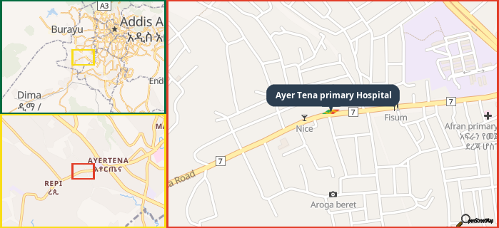 Map showing the address of Ayer Tena primary Hospital in three different zoom levels.