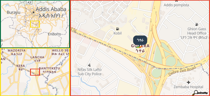 Map showing the address of ጎተራ in three different zoom levels.