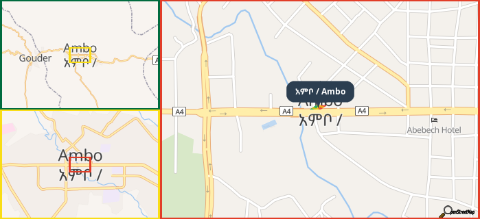 Map showing the address of አምቦ / Ambo in three different zoom levels.