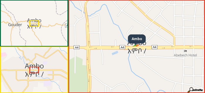 Map showing the address of Ambo in three different zoom levels.