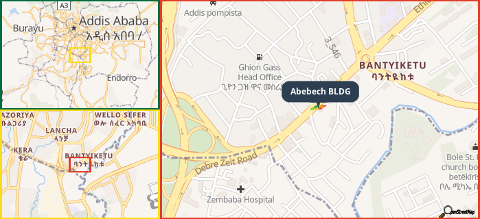 Map showing the address of Abebech BLDG in three different zoom levels.