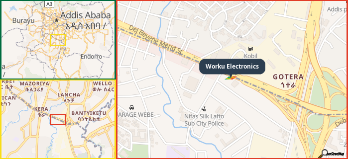 Map showing the address of Worku Electronics in three different zoom levels.