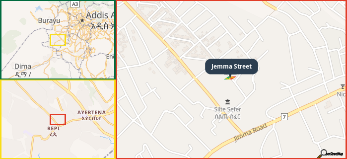 Map showing the address of Jemma Street in three different zoom levels.