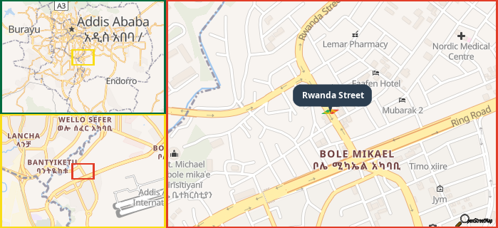 Map showing the address of Rwanda Street in three different zoom levels.