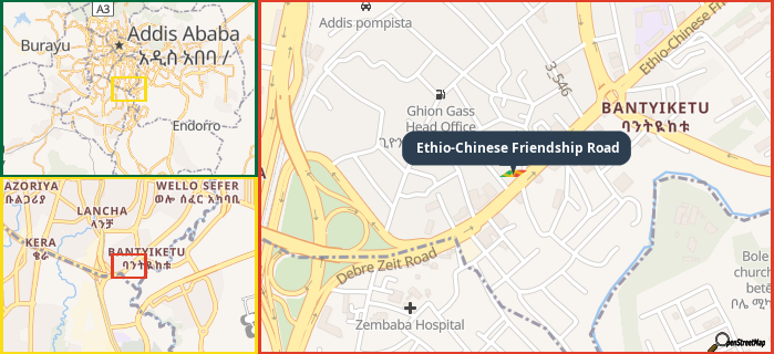 Map showing the address of Ethio-Chinese Friendship Road in three different zoom levels.