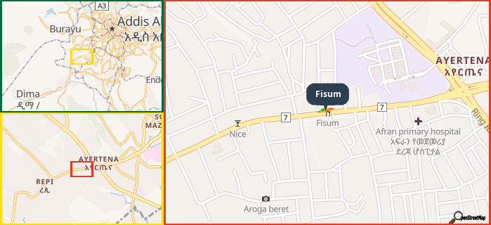 Map showing the address of Fisum in three different zoom levels.