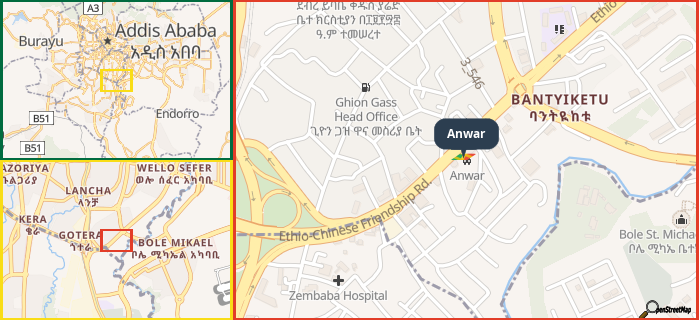 Map showing the address of Anwar in three different zoom levels.