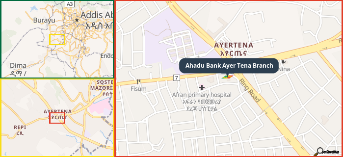 Map showing the address of Ahadu Bank Ayer Tena Branch in three different zoom levels.