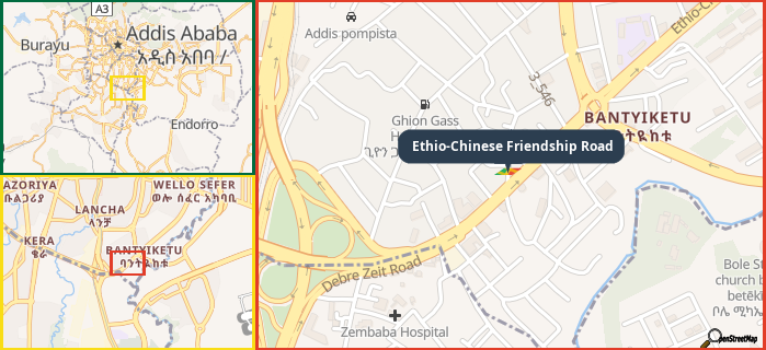 Map showing the address of Ethio-Chinese Friendship Road in three different zoom levels.