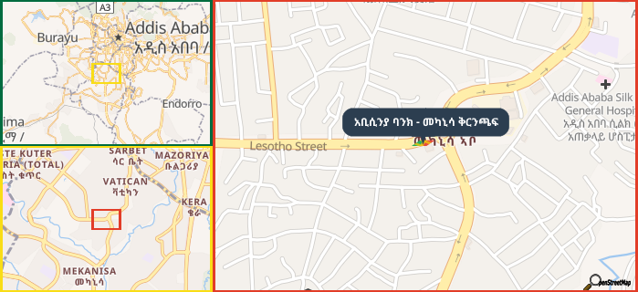 Map showing the address of አቢሲንያ ባንክ - መካኒሳ ቅርንጫፍ in three different zoom levels.
