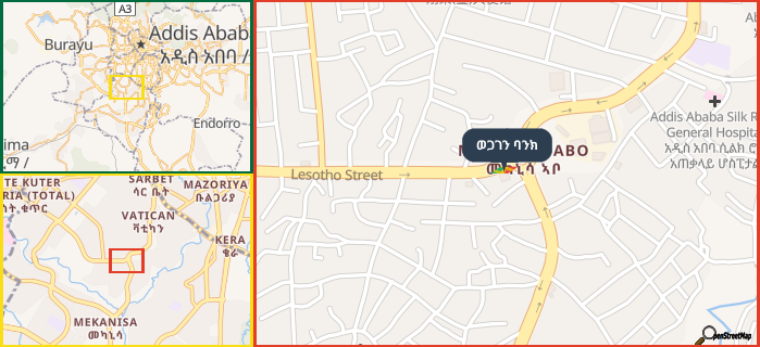 Map showing the address of ወጋገን ባንክ in three different zoom levels.