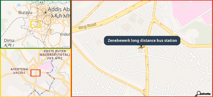 Map showing the address of Zenebewerk long distance bus station in three different zoom levels.